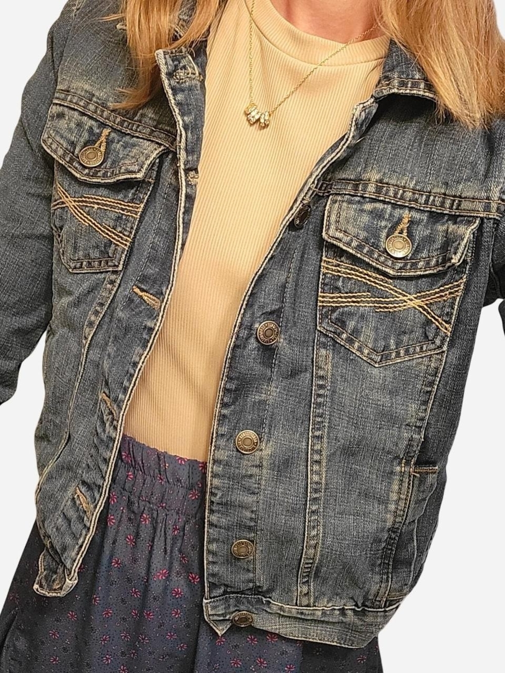 Aeropostale Distressed Blue Denim Jacket with Contrast Stitching